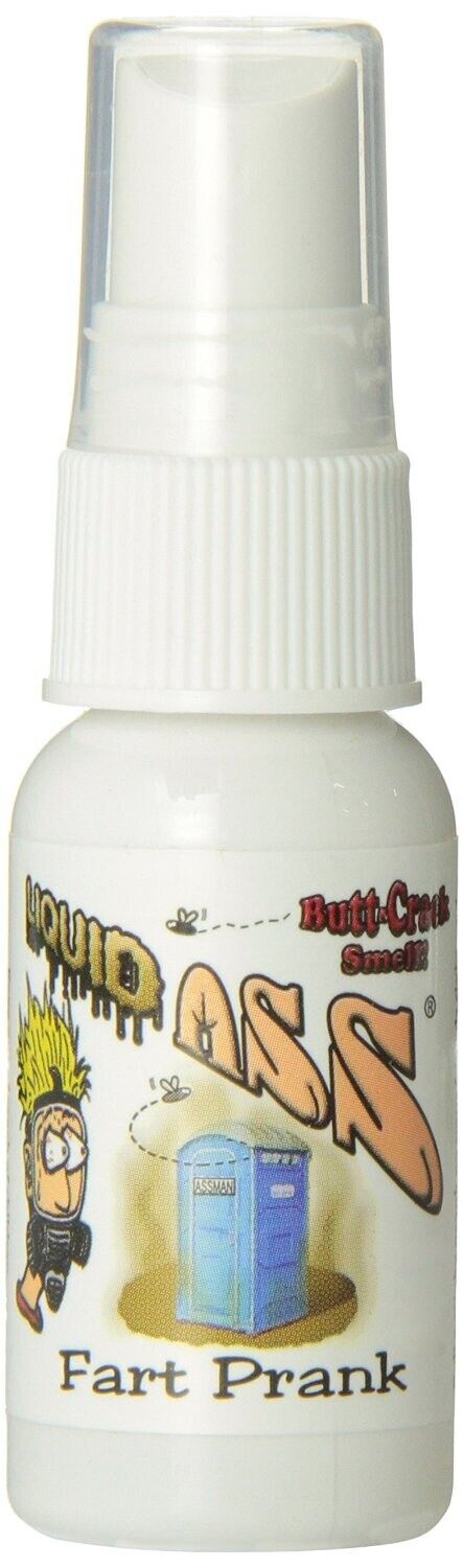 A small white spray top bottle labeled "Liquid Ass: Fart Prank" features a cartoon character and a portable toilet, making it an ideal addition to your stink prank set. Part of the Stink Spray collection including Liquid Ass, Ass on Fire, Bad Karma, Barfume, and Tex Ass.