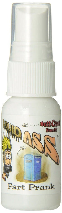 A small white spray top bottle labeled "Liquid Ass: Fart Prank" features a cartoon character and a portable toilet, making it an ideal addition to your stink prank set. Part of the Stink Spray collection including Liquid Ass, Ass on Fire, Bad Karma, Barfume, and Tex Ass.