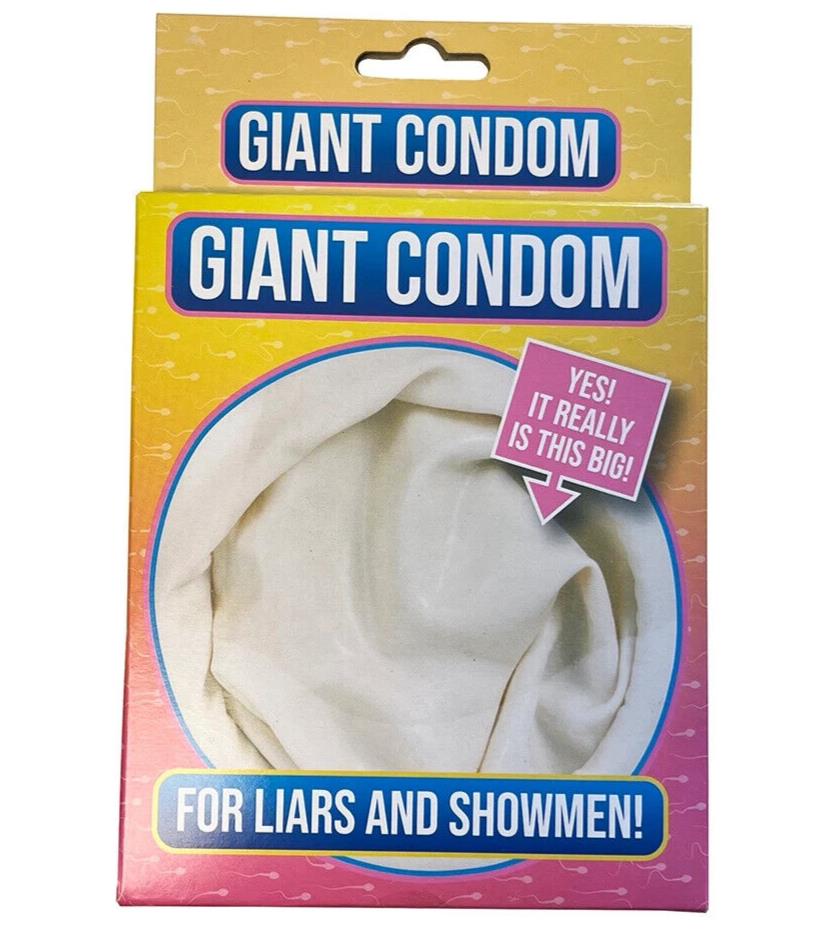 Box of GIANT 4" WIDE CONDOMS – MEGA SIZE with the text, "Yes! It really is this big!" and "For liars and showmen!" showcased on the packaging. This hilarious gag gift is perfect for delivering laughs and disbelief!