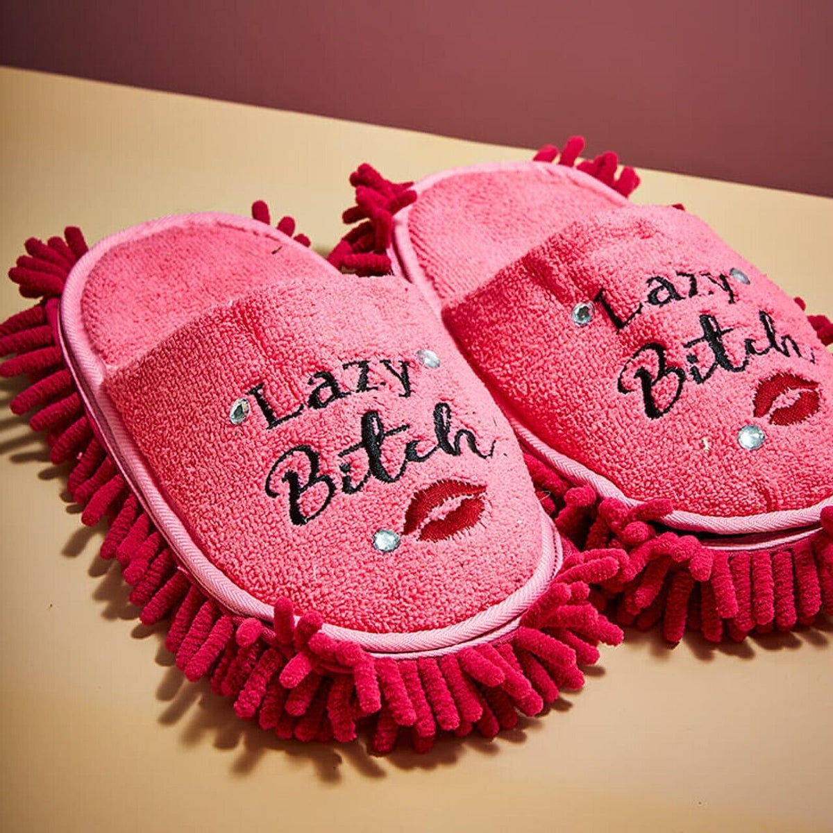 LAZY BITCH 💋 Pink Slippers - Clean Floor without the Chore! Funny Gag Joke Gift