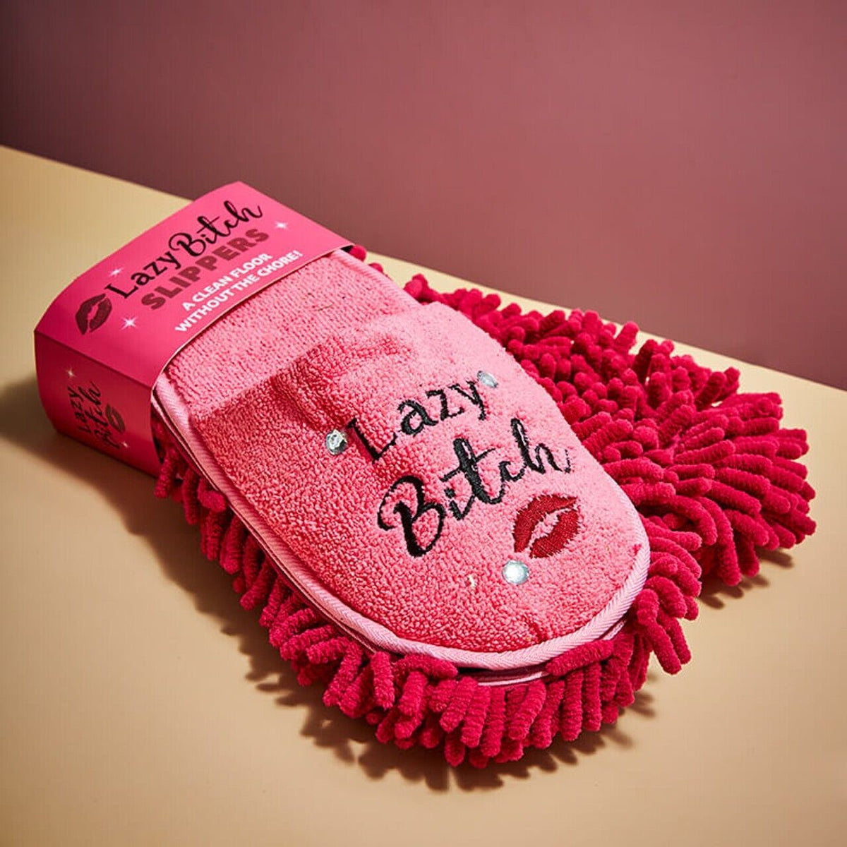 LAZY BITCH 💋 Pink Slippers - Clean Floor without the Chore! Funny Gag Joke Gift