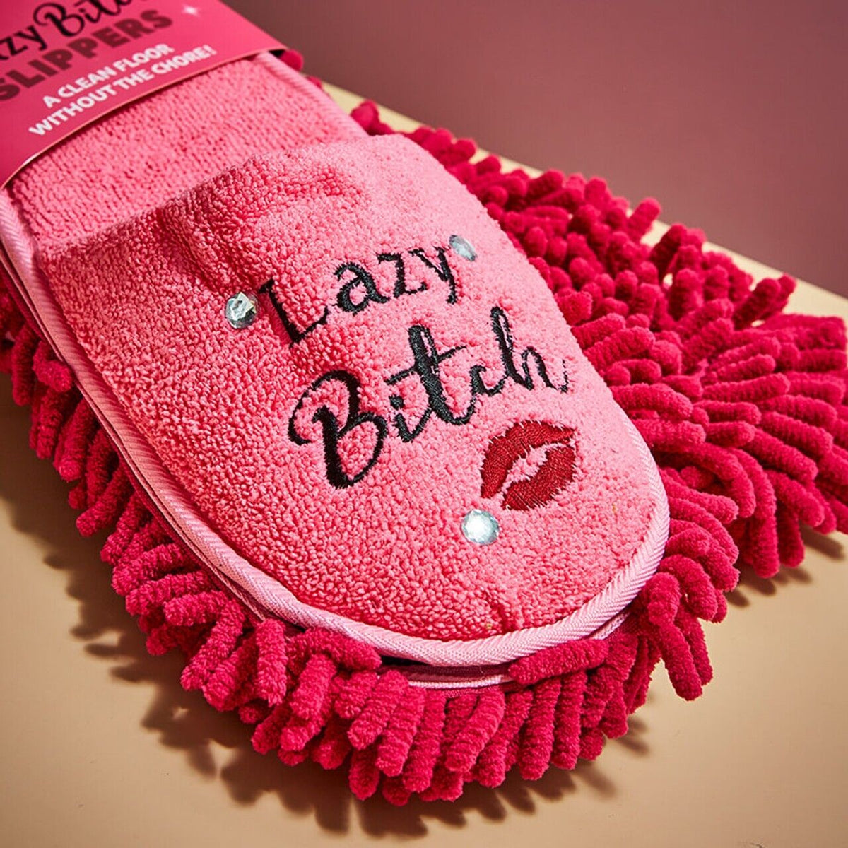 LAZY BITCH 💋 Pink Slippers - Clean Floor without the Chore! Funny Gag Joke Gift