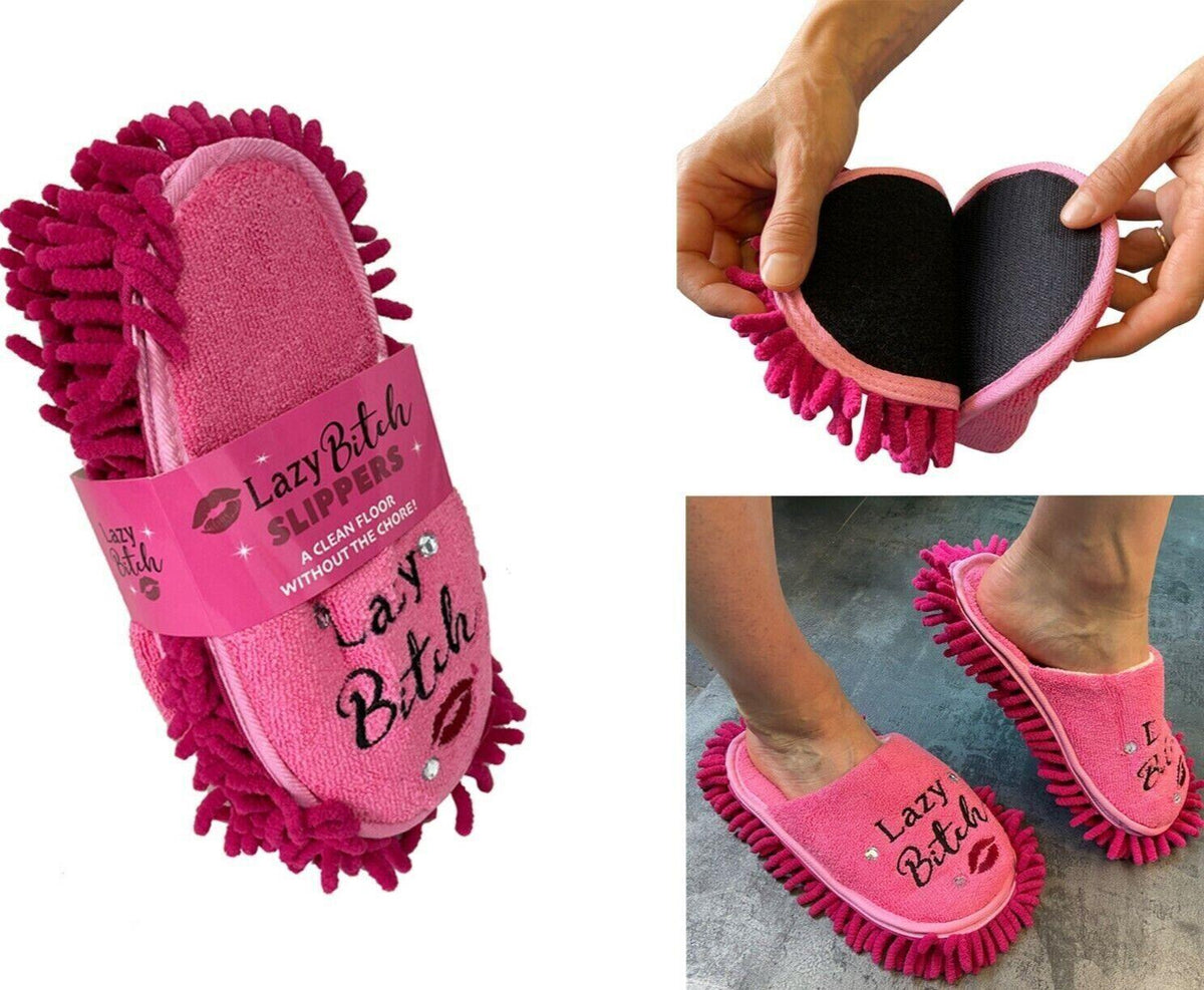 LAZY BITCH 💋 Pink Slippers - Clean Floor without the Chore! Funny Gag Joke Gift