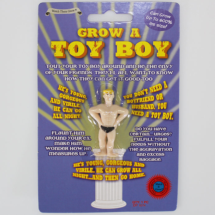 The packaging for the "Grow Your Own BOY TOY Boyfriend Sugar Daddy - This Hunk of a Man!" presents a tiny male figure clad in swim trunks, making it an ideal gag gift or party favor. The playful text invites you to enjoy the amusing transformation as it magically expands in water, highlighting its quirky allure.