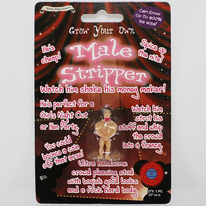 Packaging for the "Grow Your Own Male Stripper Hunk Man!" novelty toy, an ideal party favor or gag gift. It includes entertaining text about usage and features a small male figure in the package, guaranteeing laughs at your next gathering.