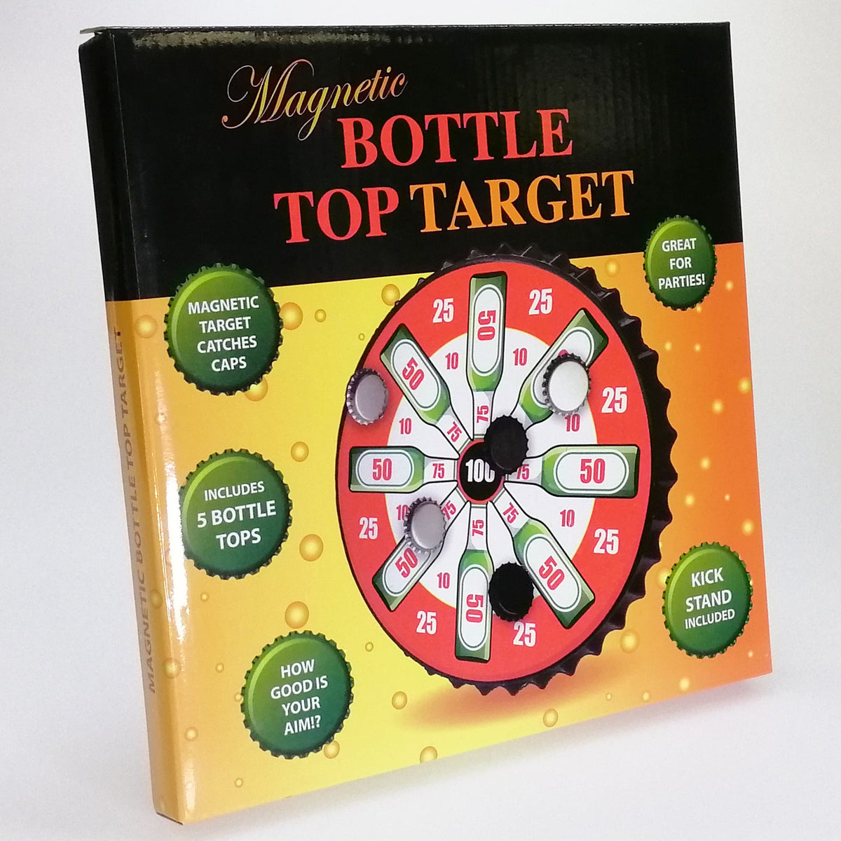 Box of a Magnetic Bottle Top Target Beer Drinking Game, ideal as a party favor or gag gift. Showcases a target design with various point values and comes with five bottle tops, a magnetic target, and a kickstand for endless entertainment and laughter at your next gathering.