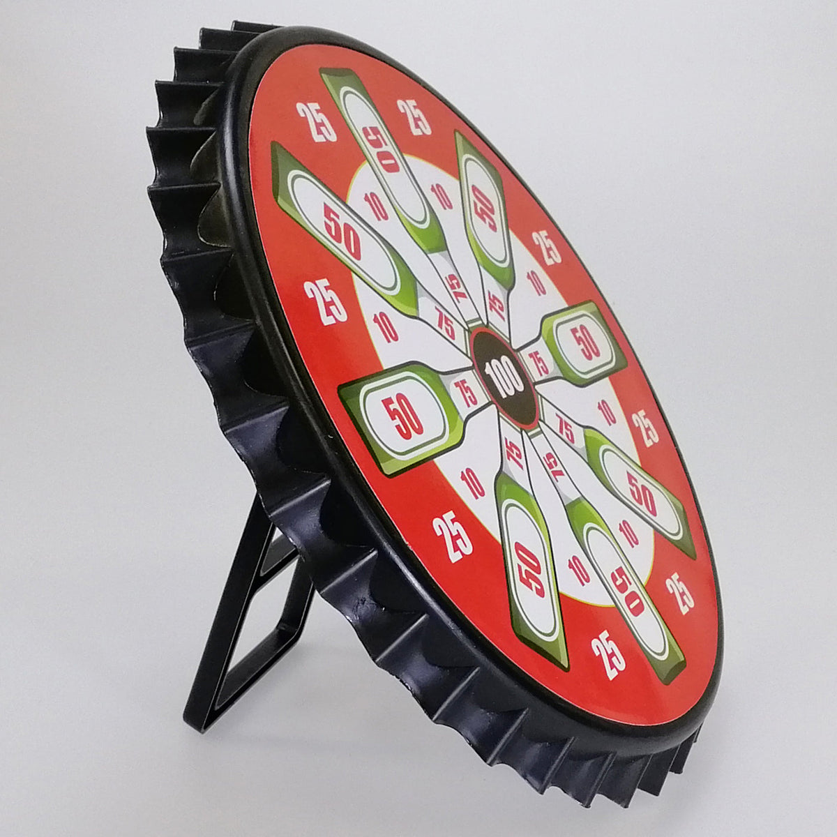 Side view of a vibrant dartboard game with numbered sections, designed on a stand—ideal as an engaging party favor for any event.