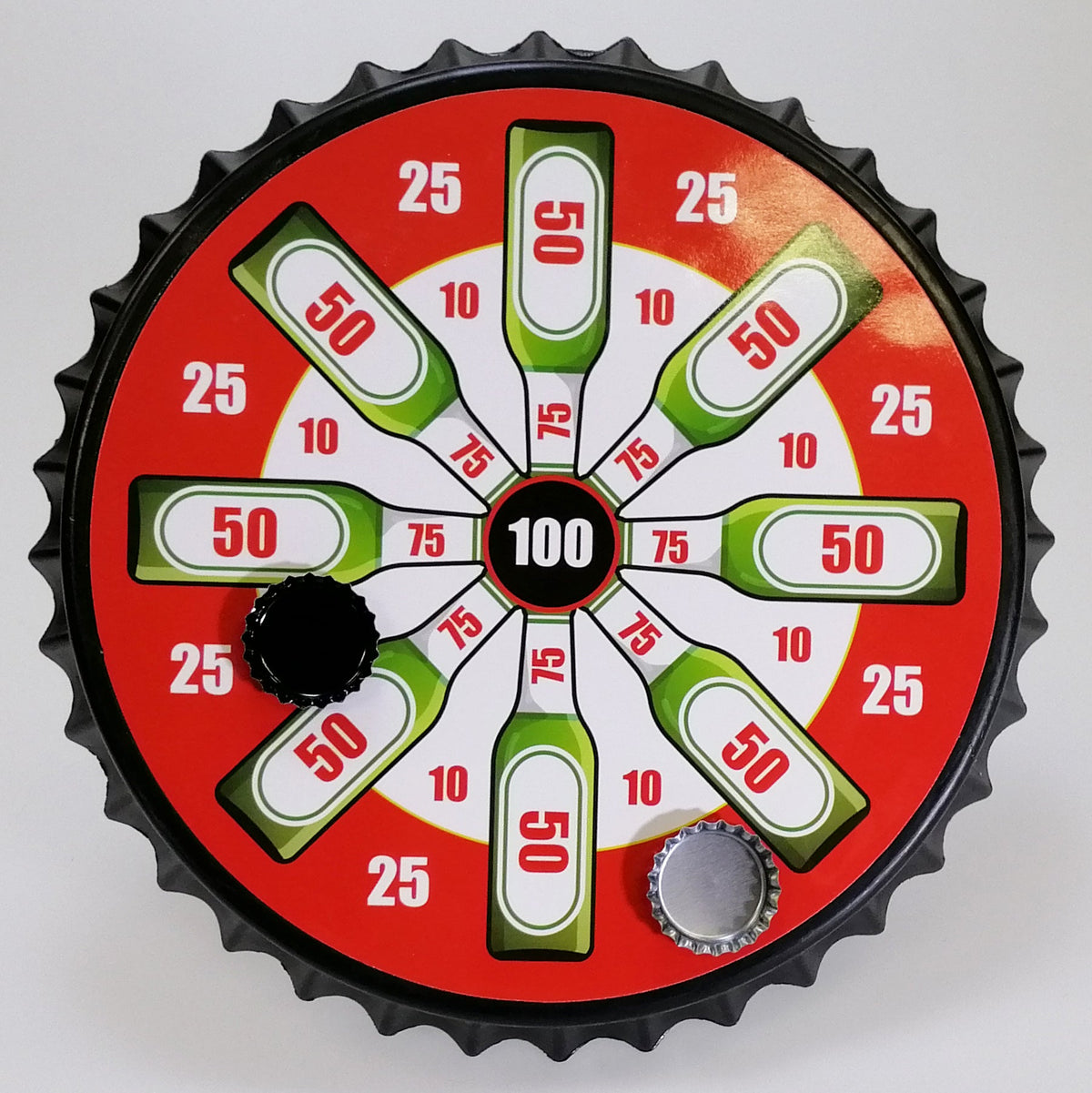 Introducing the Magnetic Bottle Top Target Beer Drinking Bottle Cap Throwing Dartboard Pong Game, a dartboard-style party favor featuring bottle graphics and scores ranging from 25 to 100. Showcasing an eye-catching red and black color scheme, players use two bottle caps as markers for this entertaining gag gift experience.