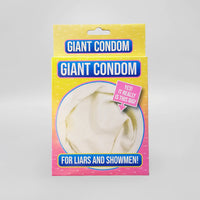 This giant 4" wide condom, featured as a mega-sized novelty gift, is the ultimate gag for show-offs. With bold statements like "GIANT CONDOM FOR LIARS AND SHOWMEN!" and "YES! IT REALLY IS THIS BIG!", it's designed to spark laughter and be the highlight of any gathering.