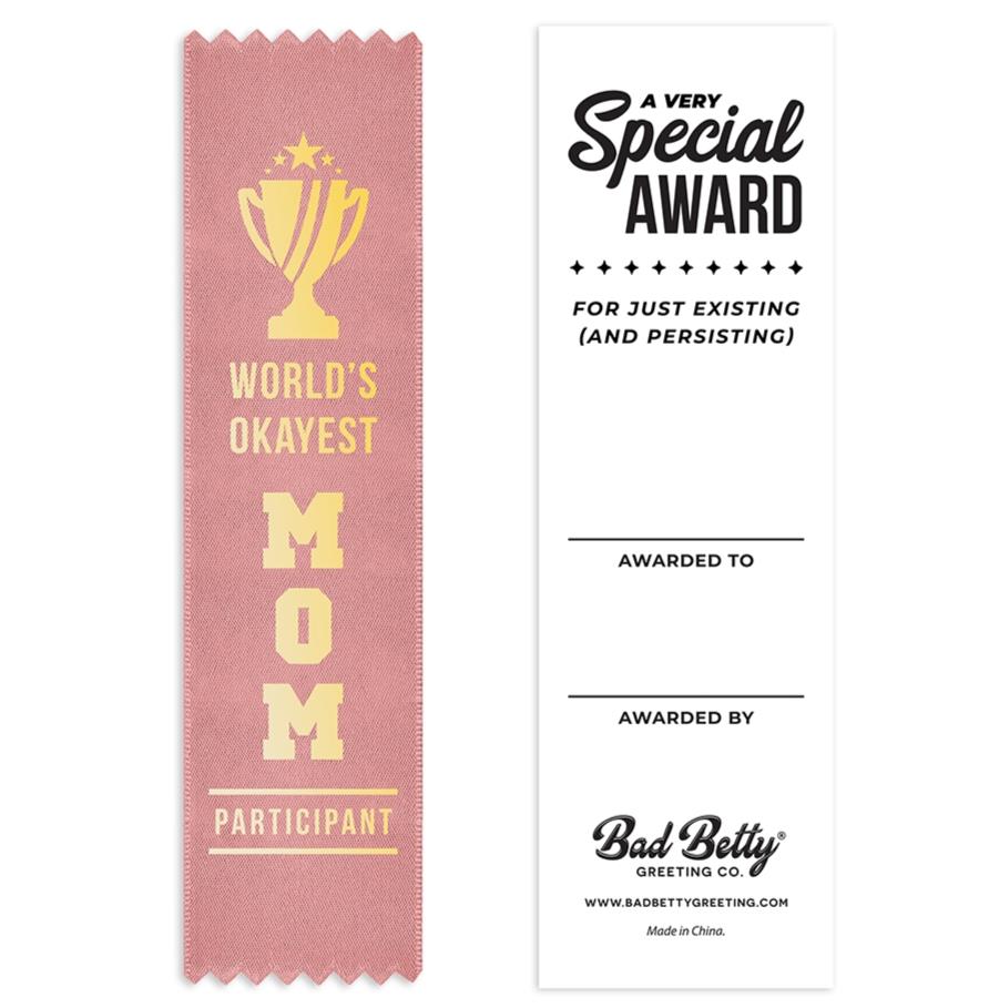 🏆“World's OKAYEST Mom Participant” 😂 Funny Award Trophy Ribbon 🎁 Gag Prize