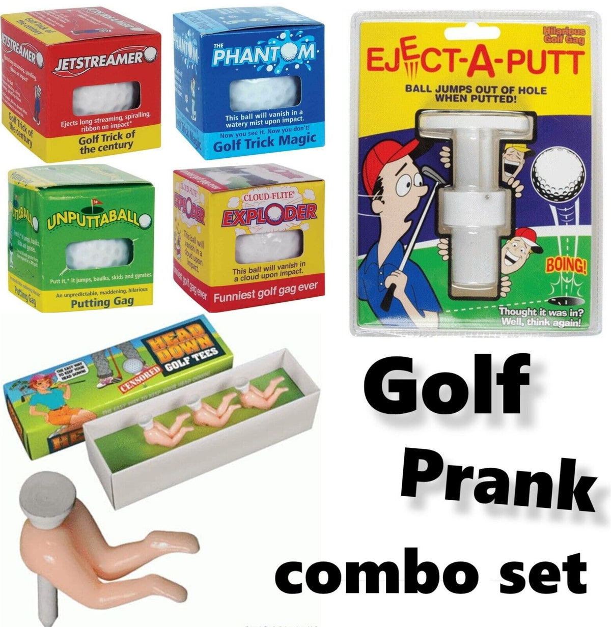 Image showcasing The Ultimate Golf Prank Set, featuring 4 Trick Golf Balls, an Eject-A-Putt, and a 3-pack of tees. Text: "The Ultimate Golf Prank Set.