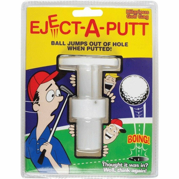 Packaging for "The Ultimate Golf Prank Set" featuring "Eject-A-Putt," a hilarious novelty golf item. The package shows a golfer and boldly states, "Ball jumps out of hole when putted!" Ideal addition to any Golf prank gift set, which also includes 4 trick golf balls and a 3-pack of tees!