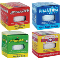 The Ultimate Golf Prank Set includes four boxes of novelty golf balls, ideal for any prank gift set. Each box is brightly colored and labeled with a different gag name: Jetstreamer, The Phantom, Unputtaball Wobble Golf Ball, and Exploder.