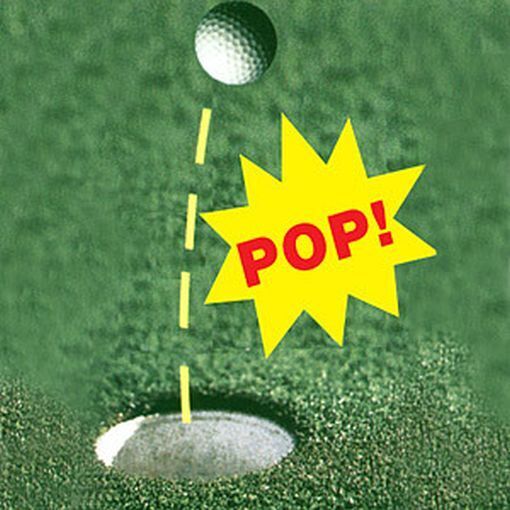 A golf ball is seen airborne above a hole on the green, with a yellow burst and the word "POP!" in red next to it, suggesting it might be one of the Exploding Golf Balls from The Ultimate Golf Prank Set - 4 Trick Golf Balls - 1 Eject-A-Putt - 1 3pk Tees that just bounced.