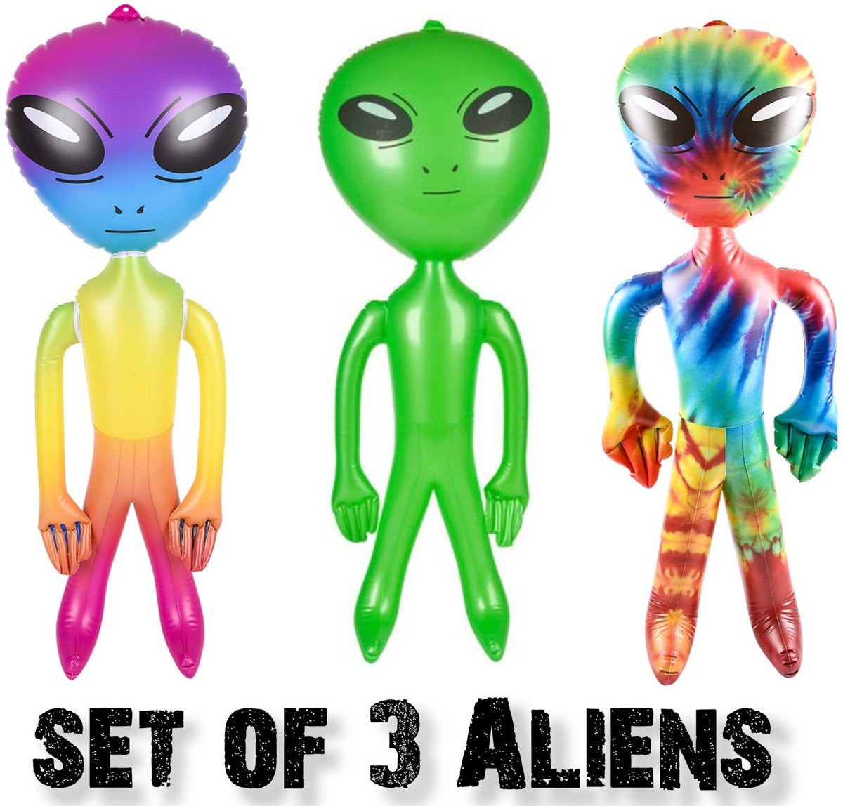 SET OF 3 - Assorted 36" Alien Inflatable Blow Up Inflate - Rainbow-Green-Tie Dye