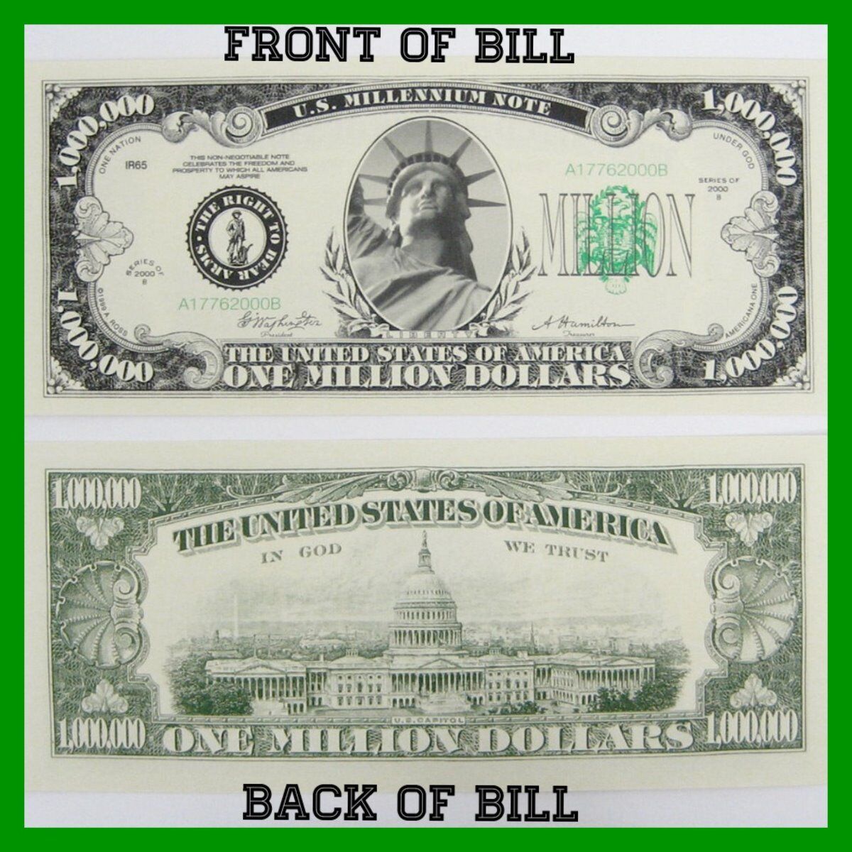 1000 Classic Million Dollar Bills - Novelty Fake Play Joke Money Prop Bills