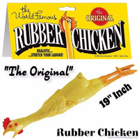 A packaged Loftus "The Original" World Famous Rubber Chicken - Classic Fun Gag Joke Toy, 19 inches long, with a realistic texture. The packaging includes the text "The World Famous Rubber Chicken" and "Realistic... Stretch Your Laughs!" Perfect for any collection of gag props.