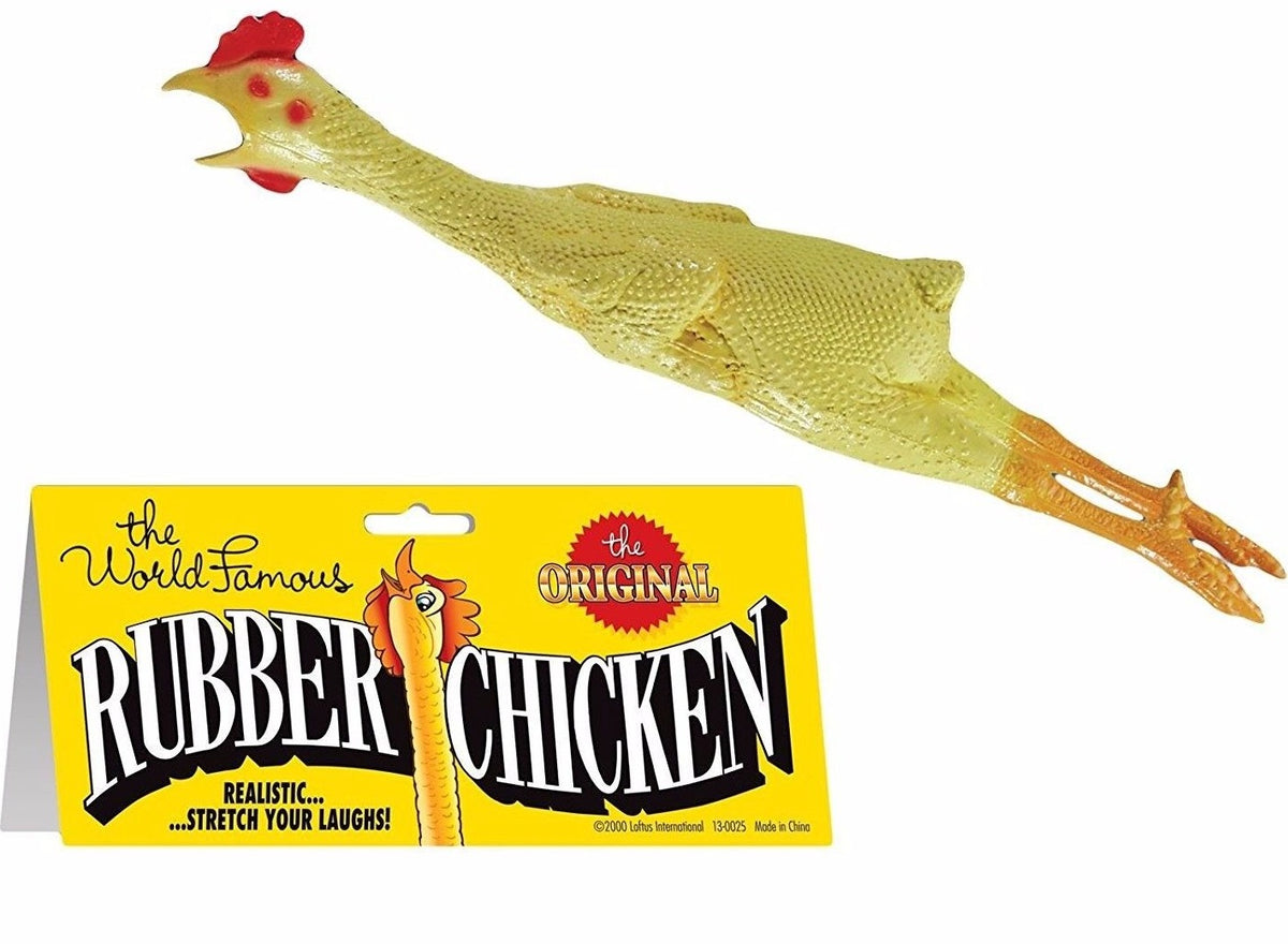 A yellow rubber chicken with an open beak, paired with packaging that reads "Loftus 'The Original' World Famous Rubber Chicken - Classic Fun Gag Joke Toy." Perfect for gag props and guaranteed to bring laughs.