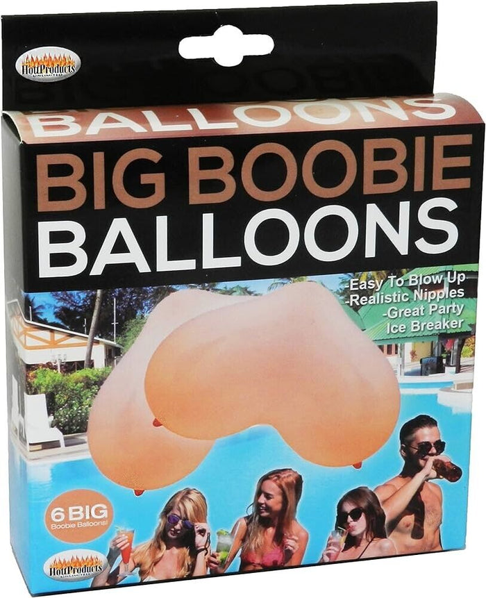 Box of "6 Big Boobie Balloons" featuring an image of inflatable balloons shaped like breasts. The packaging advertises them as easy to blow up, with realistic nipples, and mentions "Great Party Favor and Ice Breaker." Perfect as a hilarious gag gift!