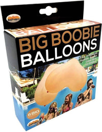 A box labeled "6 Big Boobie Balloons - Fun Gag Gift Adult Novelty Party Decoration - Beige" showcases oversized, breast-shaped balloons. The packaging advertises them as "Easy To Blow Up," "Realistic Nipples," and a "Great Party Ice Breaker." This hilarious gag gift contains six balloons, making it the perfect party favor.