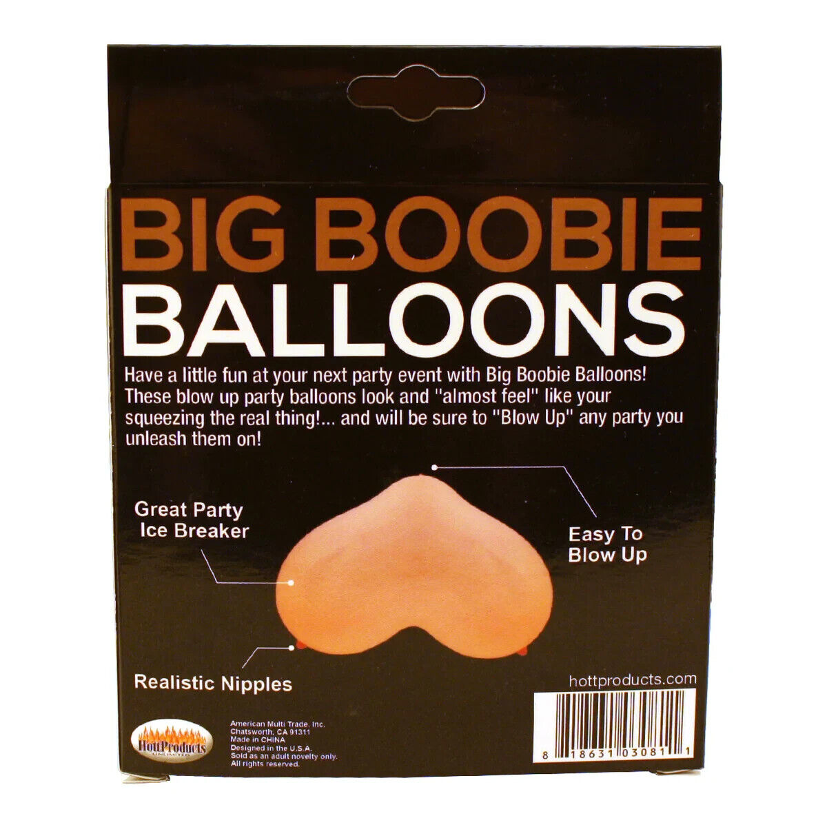 Front of a product packaging for "6 Big Boobie Balloons - Fun Gag Gift Adult Novelty Party Decoration - Beige" with descriptions highlighting them as great party ice breakers, easy to inflate, and featuring realistic nipples. The perfect gag gift or party favor to bring laughter and fun to any gathering!