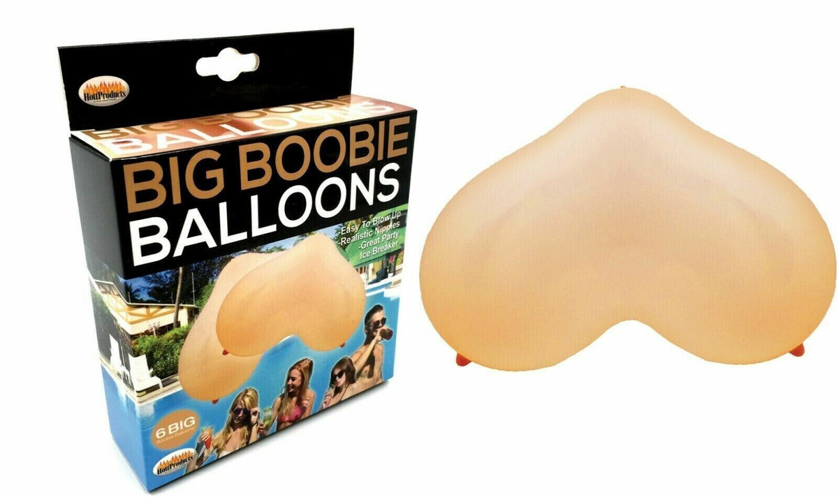 Image shows a box labeled "6 Big Boobie Balloons - Fun Gag Gift Adult Novelty Party Decoration - Beige," containing six balloons designed to resemble a chest, making for a hilarious gag gift. One uninflated balloon is shown next to the box, perfect as a party favor.