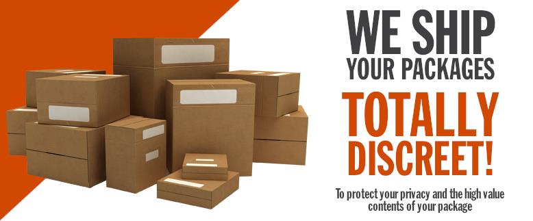 Several cardboard boxes with labels are stacked next to advertising text that reads, "We ship your packages totally discreet! To protect your privacy and the high-value contents of your package, whether it's a gag gift or party favor like 6 Big Boobie Balloons - Fun Gag Gift Adult Novelty Party Decoration - Beige.