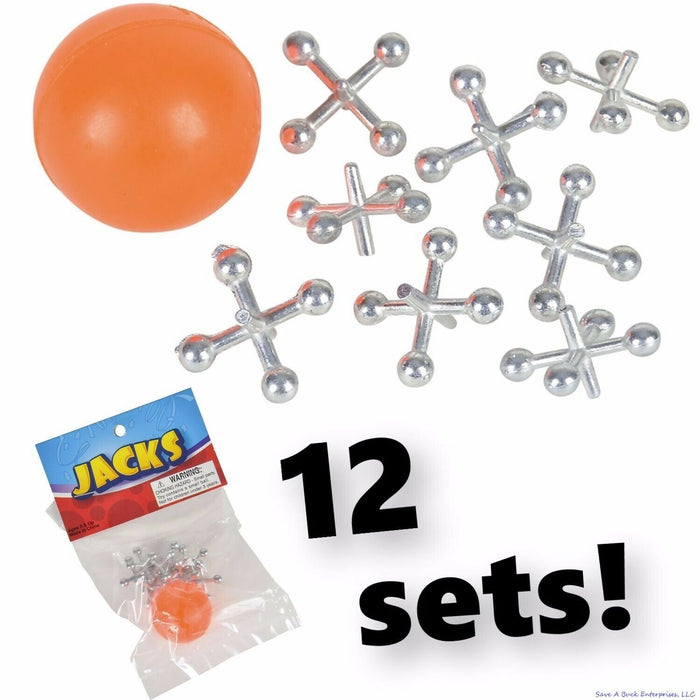 12 Sets of Metal Steel Jacks with Red Rubber Ball - Classic Fun Kid Toy Games (1 dz)