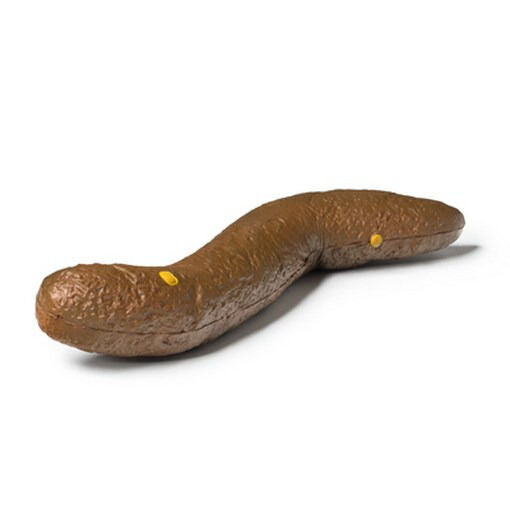 A realistic-looking rubber toy, the "1 Huge 10 inch Floating Poop - Fake Turd for Pool Hot Tub - Gag Gift Joke Prank," resembles a brown feces with small yellow specks and is designed to float in water.