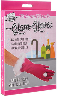 The packaging of the "Pink & Pearly Diamond Luxury Glam Gloves" features sophisticated dishwashing gloves with a pink color, an elegant fluffy white trim, and a dazzling ring set against a kitchen sink background. This luxurious pair of household washing-up gloves also makes for an ideal gag gift!