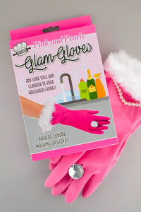 Displayed on a gray surface, the Pink & Pearly Diamond Luxury Glam Gloves add an elegant touch with faux fur trim, pearl details, and a large faux gemstone on one glove. These whimsical yet stylish dishwashing gloves make for the perfect gag gift.