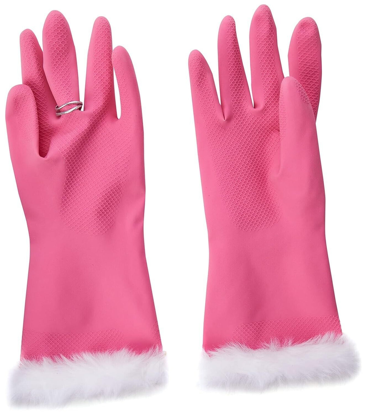 Introducing the Pink & Pearly Diamond Luxury Glam Gloves - vibrant pink gloves with pearly hues, featuring fuzzy white cuffs and textured palms. They playfully highlight a silver ring on a fingertip, making them an ideal gag gift for anyone who enjoys adding a whimsical touch to their cleaning routine.