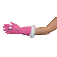 A person showcases their Pink & Pearly Diamond Luxury Glam Gloves, featuring a large ring and white fur trim, in an extravagant display of style and flair.