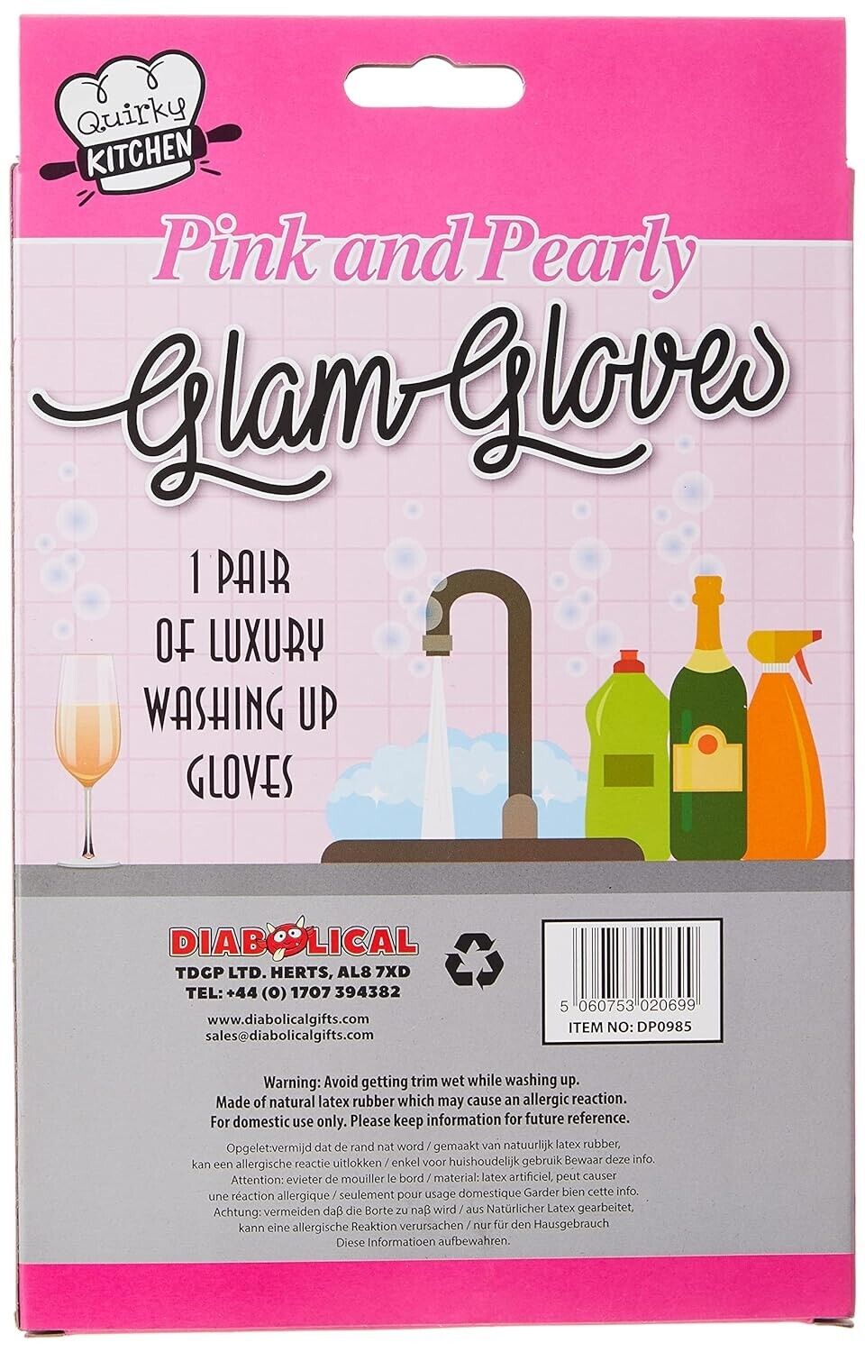 The packaging for the "Pink & Pearly Diamond Luxury Glam Gloves - Household Washing Cleaning Kitchen" elegantly features an illustration of a kitchen sink. Ideal as a gag gift, it provides product details, manufacturer information, and includes a caution about editing trim.