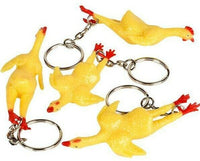 Twelve 3" rubber stretch chicken keychains, each with red feet and beaks, are spread out on a white background—perfect as quirky party prizes or amusing piñata fillers.