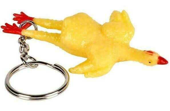 The 12-pack of 3" Rubber Stretch Rubber Chicken Keychains, featuring small yellow rubber chickens with red feet and beaks, makes for hilarious party prizes and fun additions to piñatas.