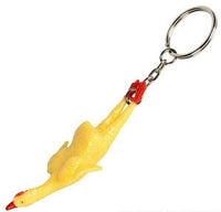 Introducing the 12 TOTAL 3" Rubber Stretch Chicken Key Chain - Gag Gift Joke (1 dozen), featuring a small yellow rubber chicken attached by a metal ring, perfect for party prizes or piñatas.