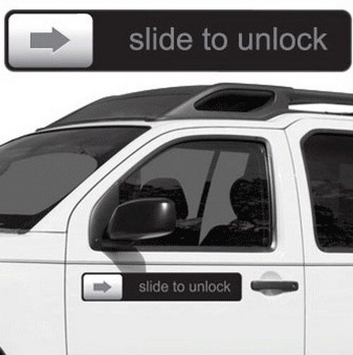 Black and white image of a car door showcasing the high-quality RETRO Slide to Unlock Magnet by Big Mouth Inc, reminiscent of the iPhone screen unlock feature, with an arrow pointing to the right.