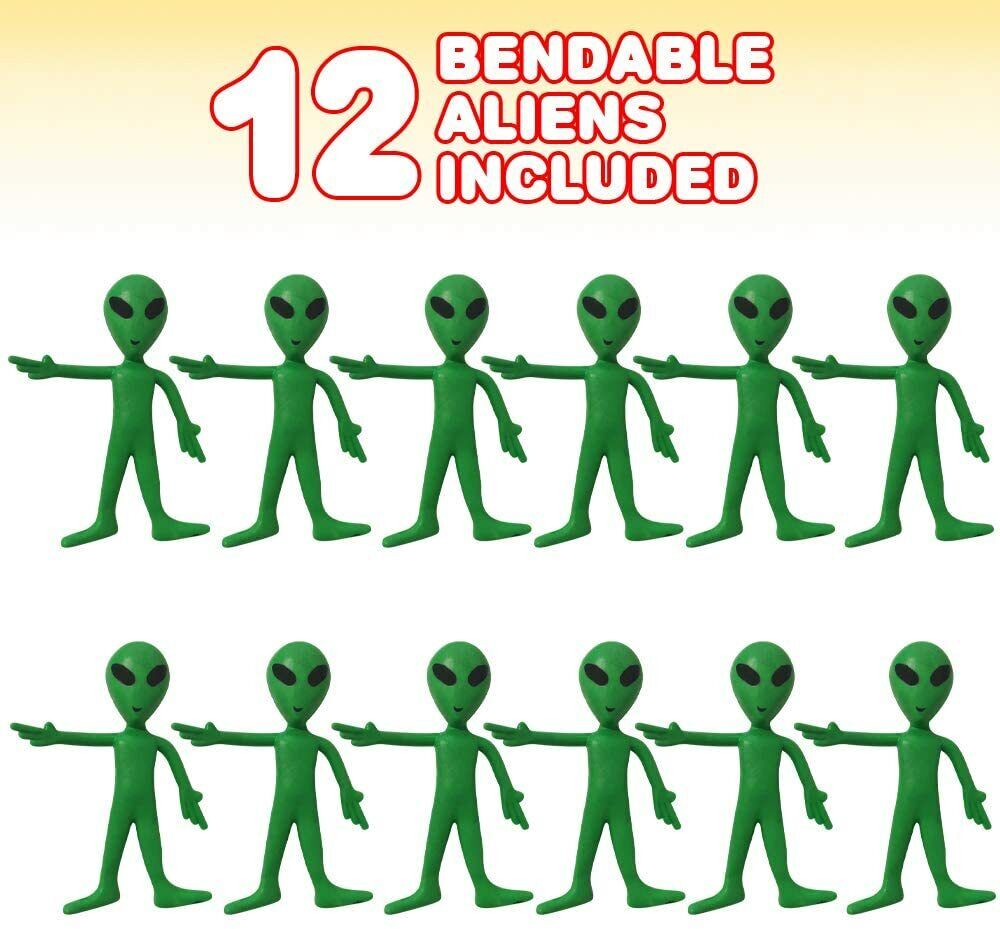 12 Bendable Green Alien Action Figure Outer Space Rubber Toys - Area 51