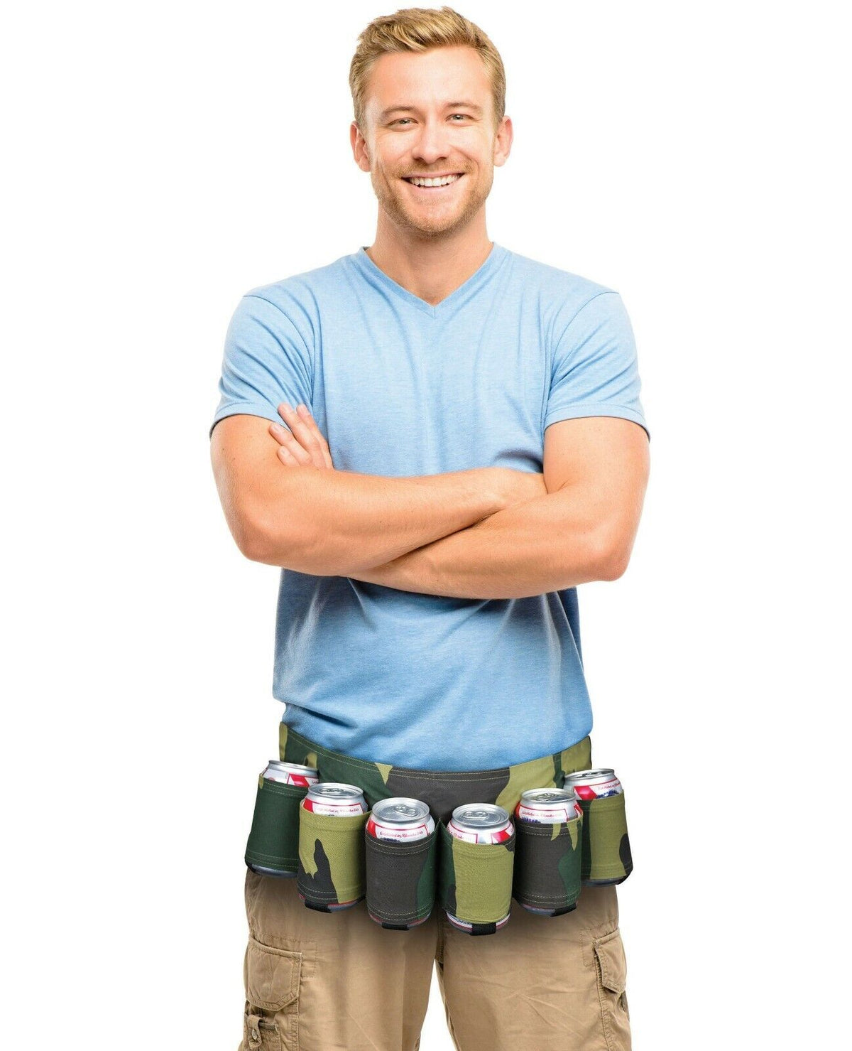 A man in a light blue T-shirt stands with his arms crossed, sporting the CAMOUFLAGE 6-PK BEER CAN GAG BELT - white trash style! - around his waist, with six cans of beer, making him ready for a tailgater party.