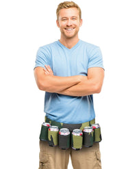 A man in a light blue T-shirt stands with his arms crossed, sporting the CAMOUFLAGE 6-PK BEER CAN GAG BELT - white trash style! - around his waist, with six cans of beer, making him ready for a tailgater party.