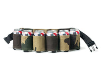 The CAMOUFLAGE 6-PK BEER CAN GAG BELT - white trash style! is designed to hold six cans of soda or beer, making it perfect for any tailgater party.