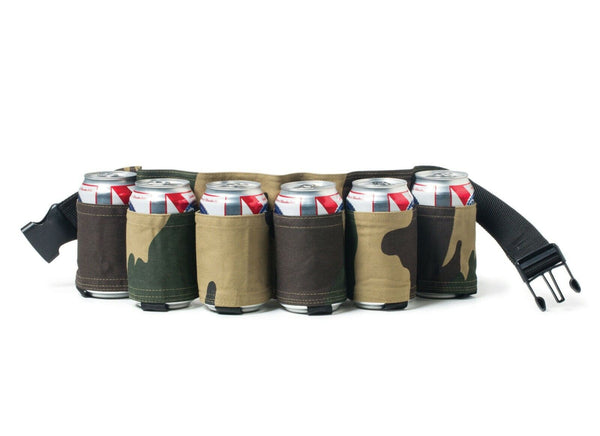 The CAMOUFLAGE 6-PK BEER CAN GAG BELT - white trash style! is designed to hold six cans of soda or beer, making it perfect for any tailgater party.