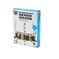 Image of a retail package for the "CAMOUFLAGE 6-PK BEER CAN GAG BELT - white trash style!," a beer can holder belt designed to hold six cans around a person's waist. The package features a graphic illustration of the product in use, perfect for any tailgater party.