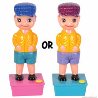 Two plastic figures with colored bases, one wearing blue shorts and a blue cap, the other purple shorts and a purple cap, both dressed in yellow shirts and black shoes. Reminiscent of a classic prank, these "New Classic Gag Prank - Squirting Wee Wee Pee Boy Water Squirter Toy Joke" products bring back memories of hysterical laughter.