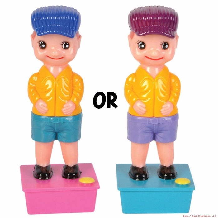 Two plastic figures with colored bases, one wearing blue shorts and a blue cap, the other purple shorts and a purple cap, both dressed in yellow shirts and black shoes. Reminiscent of a classic prank, these "New Classic Gag Prank - Squirting Wee Wee Pee Boy Water Squirter Toy Joke" products bring back memories of hysterical laughter.