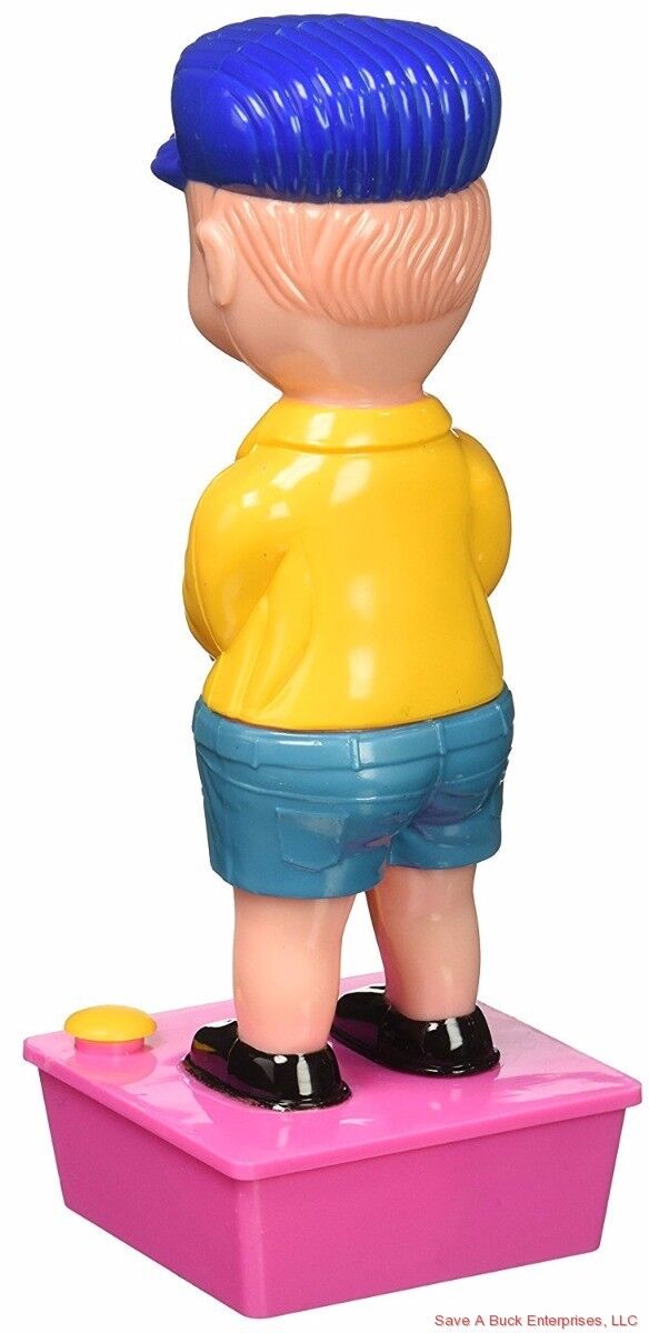 Plastic figurine of a child dressed in a blue cap, yellow shirt, blue shorts, and black shoes, standing on a pink base with a yellow button, reminiscent of the New Classic Gag Prank - Squirting Wee Wee Pee Boy Water Squirter Toy Joke.