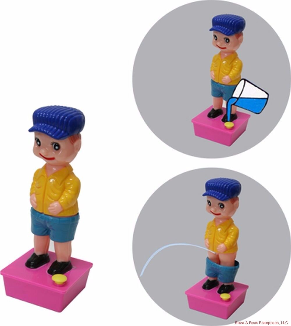 The New Classic Gag Prank - Squirting Wee Wee Pee Boy Water Squirter Toy Joke is a figurine of a boy in a yellow jacket and blue hat. When filled with water, it simulates urinating by spraying a stream from its front while standing on a pink base. Guaranteed to generate hysterical laughter, this timeless prank never loses its charm.