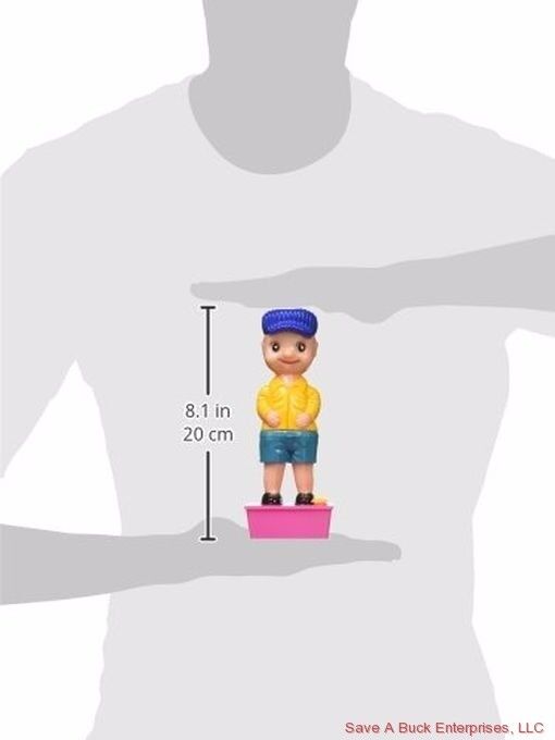 A small figurine of a child, standing 8.1 inches (20 cm) tall, wearing a yellow jacket and blue hat, is presented at hand level for scale. Reminiscent of the New Classic Gag Prank - Squirting Wee Wee Pee Boy Water Squirter Toy Joke, it's sure to provoke hysterical laughter.