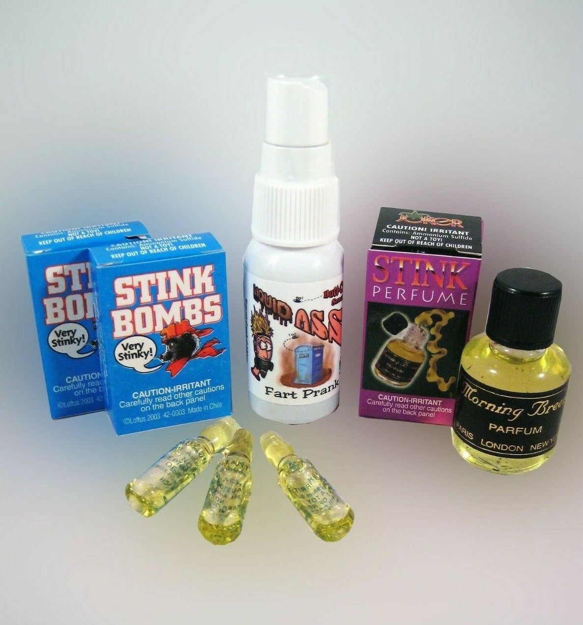 1 Liquid Ass Spray Bottle + 1 Stink Perfume + 6 Glass Stink Bombs ~ COMBO SET